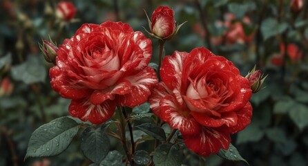 striking red and white striped roses with water droplets in garden setting.