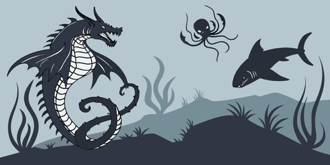 a dragon, shark, and octopus in the ocean Vector © Ghgs