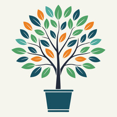 Obraz premium Decorative Tree Graphic Design Element With Vibrant Foliage And Pot For Spring Growth, Botanical Illustration Vector