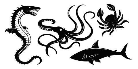 sea creatures including shark crab octopus and eel Vector © Ghgs