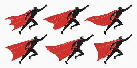 six superhero silhouettes with red capes flying Vector © Ghgs