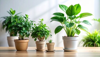 Obraz premium Assorted potted plants on wooden surface home decor interior design greenery peaceful environment natural light.