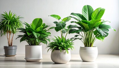 Obraz premium Indoor Plants Collection with Green Leaves and Modern White Pots for Interior Design and Home Decor.