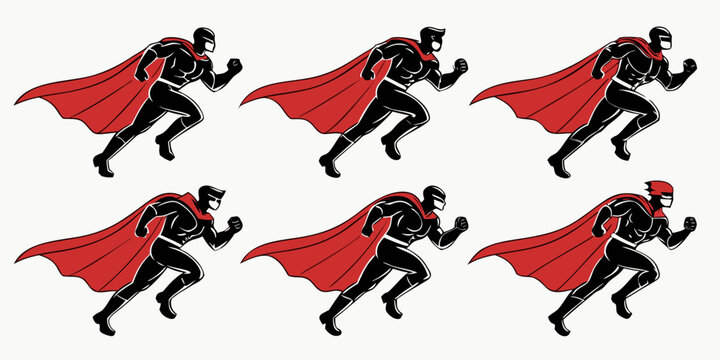 six black superheroes with red capes are running Vector