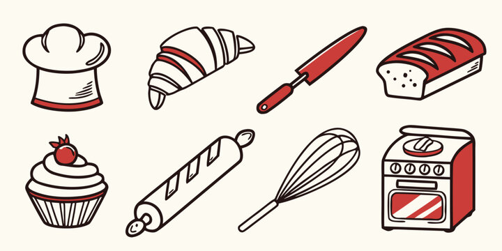 a collection of baking tools and food Vector