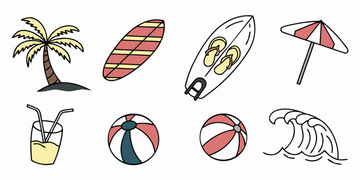 a collection of beach icons including a palm tree and beach toys Vector