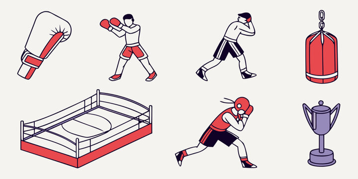 a set of boxing icons including a boxer and a ring Vector