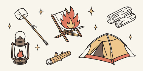 a camping scene with tent and campfire Vector © Ghgs