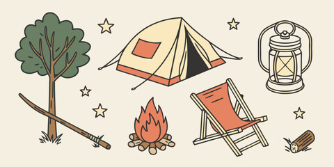 a camping scene with tent and outdoor gear Vector © Ghgs