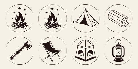a set of camping icons including tent and campfire Vector © Ghgs
