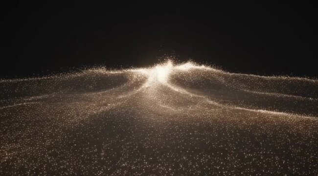 millions of tiny glowing sand particles forming waves in dark space, futuristic data visualization style, cinematic lighting, smooth motion, seamless loop