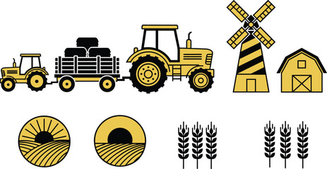 Cartoon agriculture icons including tractor, barn, windmill, wheat, and farmland symbolizing rural life and farming design © Creative design
