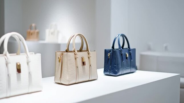 Luxury Handbags on Display: Three meticulously crafted handbags, each a testament to elegance and sophistication, stand proudly in a minimalist, light-filled display.