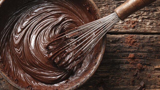 Swirling melted chocolate batter with a whisk in a bowl, captured up close on a wooden surface.