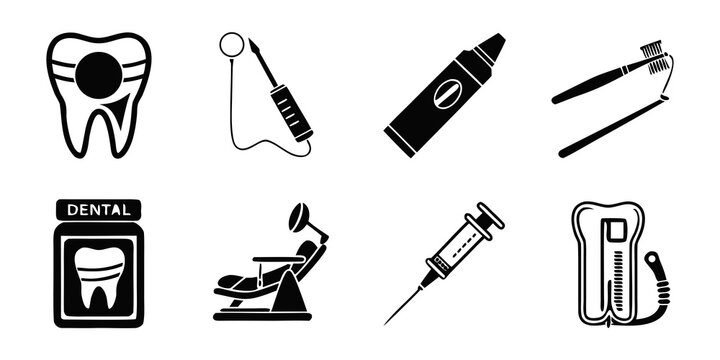 dental icons including tooth, tools and equipment Vector