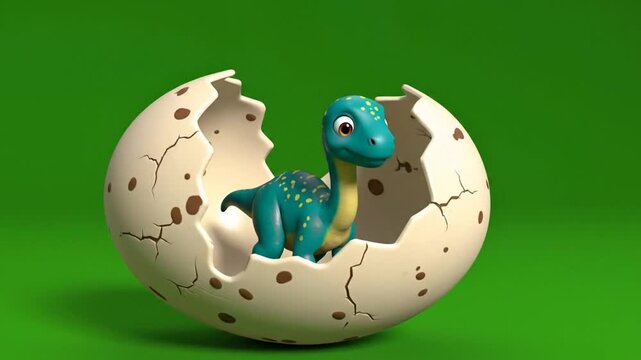 3D render of a cute baby dinosaur hatching from a spotted egg