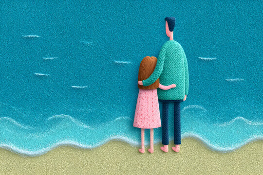 Father and daughter embracing on the beach, looking at the ocean, enjoying a loving and happy family vacation moment, bonding during summertime by the sea