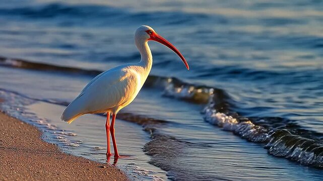 White bird with long beak on beach