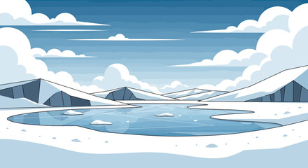 A serene, stylized arctic landscape with snow-capped mountains, frozen lake, and cloudy sky © Sendal