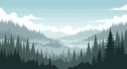 Fototapeta premium Layered evergreen forest vista with misty mountains and soft clouds