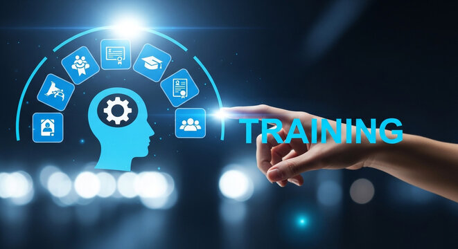 A hand pointing to training icons on a blue background