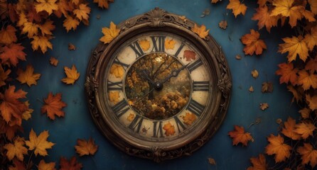 Obraz premium autumnal still life with vintage clock and falling maple leaves on blue wood.