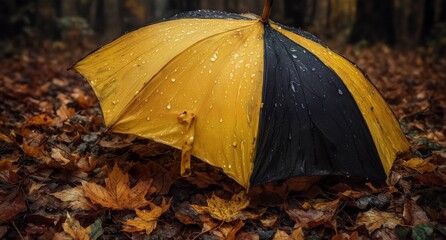 fallen yellow and black umbrella amidst autumn leaves on forest floor