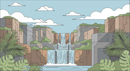 A picturesque layered waterfall cascades down rocky cliffs surrounded by lush foliage © Sendal