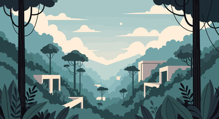 Lush, layered jungle landscape with minimalist modern architecture © Sendal