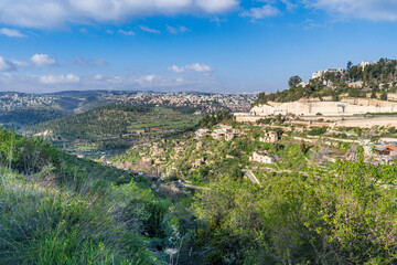 Obraz premium Panoramic view of Jerusalem neighborhoods, with the abandoned village of Lifta in the foreground, located on the slope of green hills in early spring.Israel.