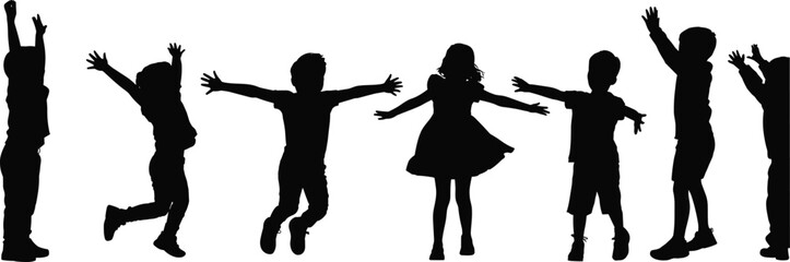 Happy children silhouettes jumping kids playing boys girls joy celebration playful people vector illustration collection