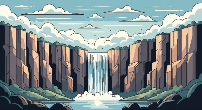 Majestic waterfall plunges between towering canyon walls under a cloudy sky