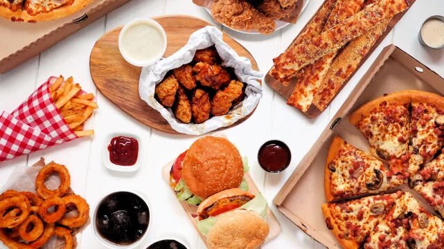 Table scene of take out or delivery foods. Slow rotating zoom motion. Pizza, hamburgers, fried chicken and sides. Top view on a white wood background.