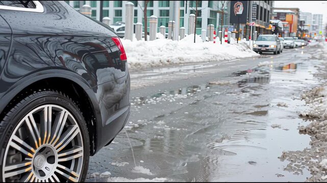 Snow and Water on City Streets With Cars Driving by Showing Winter Weather Impact on Local Roads