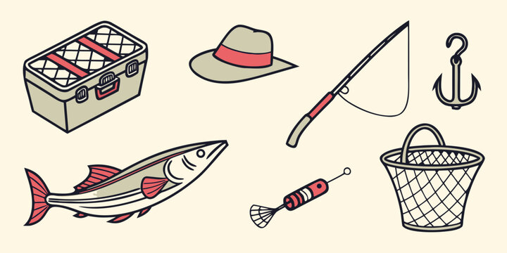 a collection of fishing gear and tackle Vector
