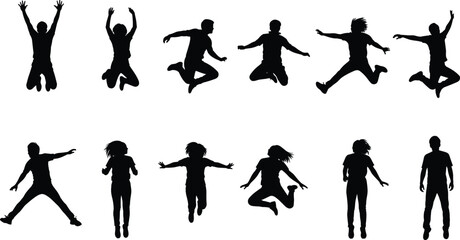 Fototapeta premium Jumping people silhouette vector illustration showing dynamic poses, energetic motion, human activity, fitness, dance, celebration, joy, lifestyle, artistic design