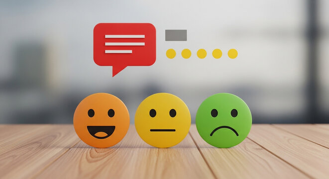 A set of emoticons and a speech bubble on a wooden table