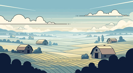 A serene landscape depicting rolling hills and scattered barns under a soft, cloud-filled sky © Sendal