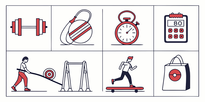 various fitness icons including dumbbell and person running Vector