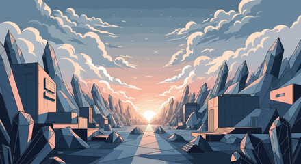 Fototapeta premium Geometric landscape with crystal formations, structures, and pastel sunset clouds