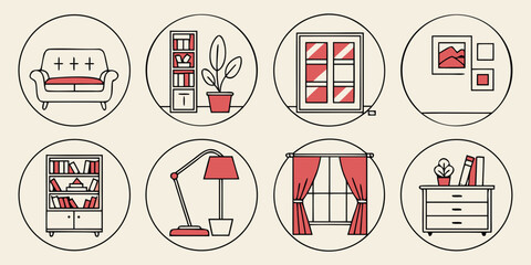 a collection of furniture icons in red and white Vector © rabbi