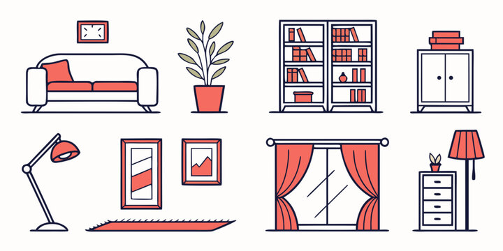 a collection of furniture and home decor items Vector