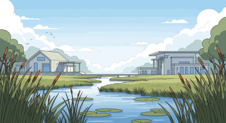 A serene landscape featuring modern houses on a riverbank, with reeds © Sendal