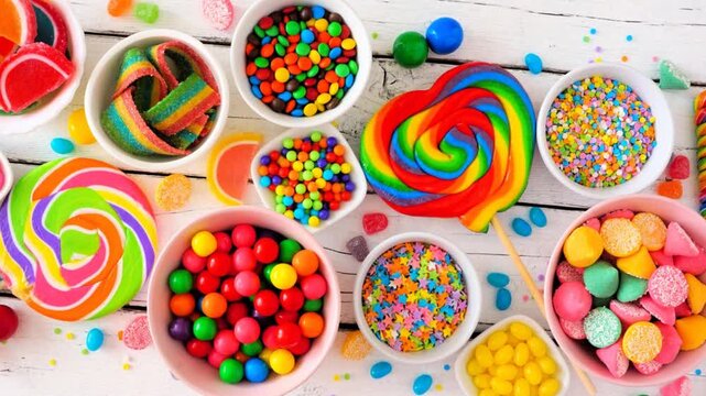 Colorful sweet candy buffet table scene. Slow rotating zoom motion. Top view over a white wood background.