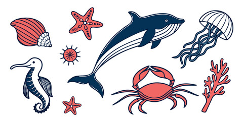a collection of sea creatures including a dolphin crab and jellyfish Vector © rabbi