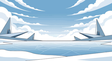 Minimalist arctic landscape with icy plains and sharp geometric structures under a cloudy sky © Sendal