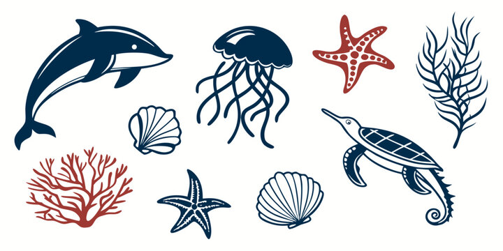 marine life icons including dolphins and sea stars Vector