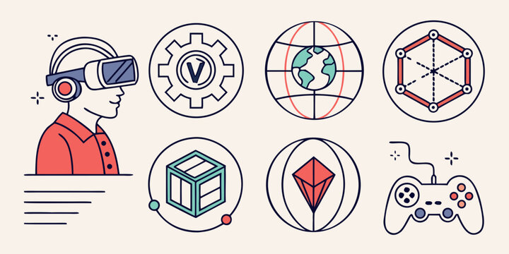 a man wearing virtual reality goggles and several icons Vector