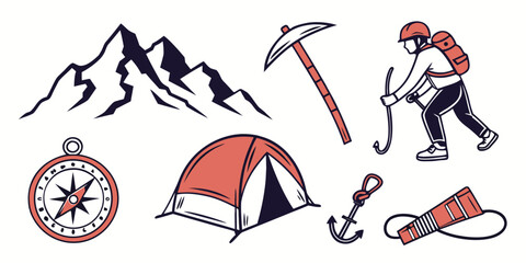 a set of climbing and camping icons with a tent and a compass Vector © rabbi