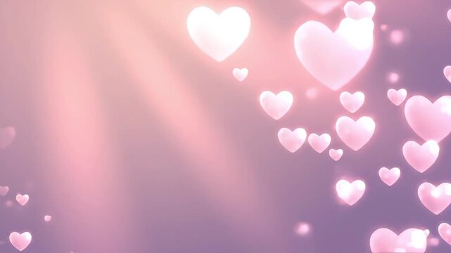 Pink hearts float gently in soft purple light with beams and sparkles.